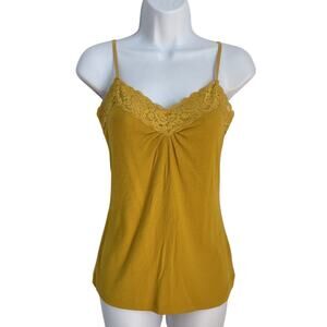 VTG Y2K Mustard Lace Trim Cami Tank Top M Fairy Grunge Coquette Indie Sleaze